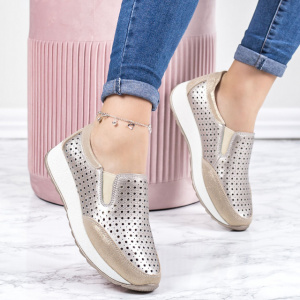 Pantofi sport damă aurii din piele naturală cu perforații și talpă groasă - Img 3