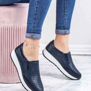 Pantofi sport damă bleumarin din piele naturală cu perforații și talpă groasă - Img 5