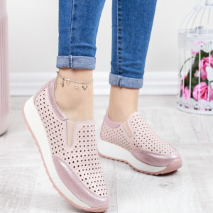 Pantofi sport damă roz din piele naturală cu perforații și talpă groasă - Img 2