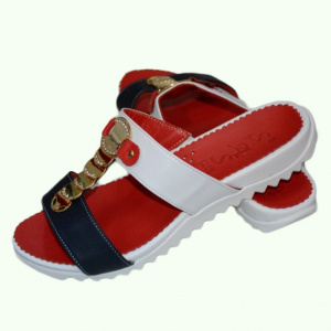 Papuc fashion din piele, culoare alb-bleumarin-rosu, decor auriu - Img 2