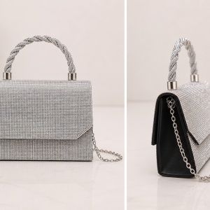Poșetă Argintie Elegantă cu Cristale și Lanț de Umăr – Clutch de Ocazie pentru Evenimente Speciale
