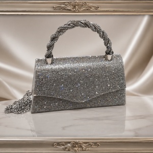 Poșetă Argintie Elegantă cu Cristale și Lanț de Umăr – Clutch de Ocazie pentru Evenimente Speciale - Img 3