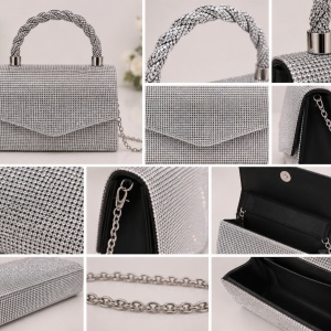 Poșetă Argintie Elegantă cu Cristale și Lanț de Umăr – Clutch de Ocazie pentru Evenimente Speciale - Img 4