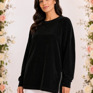 Pulover Damă Negru Oversized cu Fermoar Lateral – Textură Fin Raiată