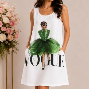 Rochie albă tip A cu imprimeu fashion 3D verde și buzunare