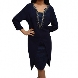 Rochie bleumarin pentru ocazii cu insertii de dantela si strasuri - Img 1