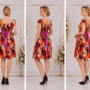 Rochie caasual cu design de flori multicolore si cordon din saten - Img 2