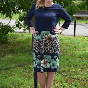 Rochie casual, de culoare bleumarin cu imprimeu floral turcoaz - Img 6