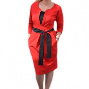 Rochie casual, de culoare rosie, cu buzunare si cordon in talie - Img 1