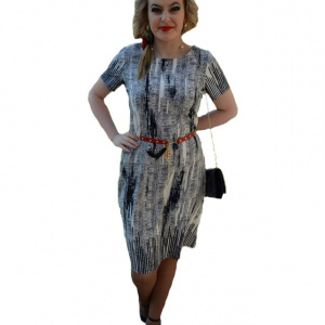 Rochie casual, material fin cu imprimeu bleumarin pe fond alb - Img 1
