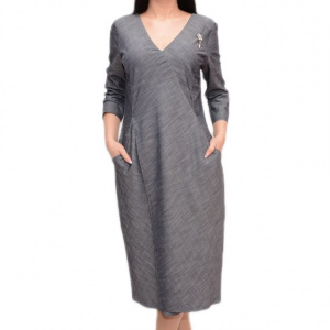 Rochie chic cu buzunare apretate si decolteu in V, nuanta de gri - Img 1