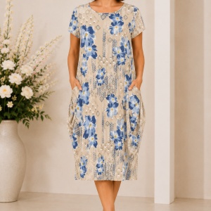 Rochie Crem cu Imprimeu Floral Albastru – Croială Lejeră și Buzunare