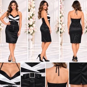 Rochie cu decolteu in V, nuanta de negru-alb, design deosebit - Img 2