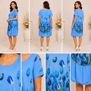 Rochie damă albastru cer cu imprimeu floral – Bumbac elastic, croială lejeră - Img 2
