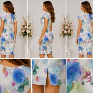Rochie damă conică cu imprimeu floral pastel, mânecă scurtă - Img 2