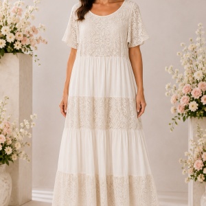 Rochie damă crem-bej cu dantelă florală și croială în volane