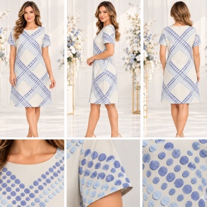 Rochie damă crem- pudrat cu imprimeu geometric albastru - Img 2