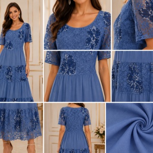 Rochie damă lejeră albastra cu dantela și flori ,croială vaporoasă - Img 3