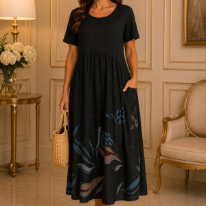 Rochie damă neagra, lejeră cu imprimeu colorat și buzunar decorativ