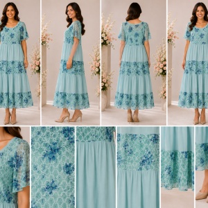 Rochie damă turcoaz cu imprimeu floral albastru și croială în volane - Img 2