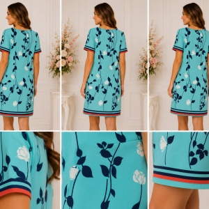 Rochie damă turcoaz cu imprimeu floral și detalii contrastante - Img 2