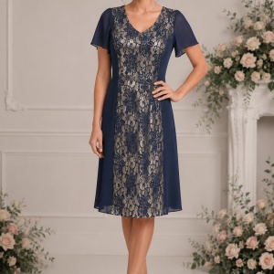 Rochie de culoare bleumarin, decorata cu insertie de dantela