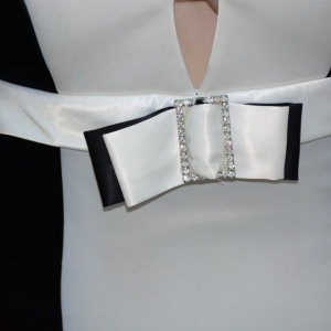 Rochie de gala bicolora, negru-alb, saten fin, bretele dupa gat - Img 4