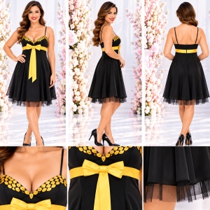 Rochie de gala frumoasa, din saten negru si detalii galbene pe bust - Img 2