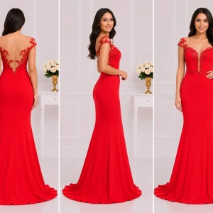 Rochie de gala tip sirena, culoare rosie, cu insertie de tul nud - Img 2