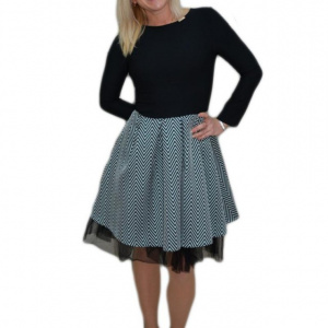 Rochie de ocazie cu croi evazat cu insertie de tul, negru-argintiu - Img 1