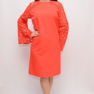 Rochie de ocazie in nuanta de corai, material elastic si dantela - Img 4