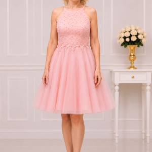 Rochie de ocazie tip baby-doll, nuanta piersica, cu tul simplu