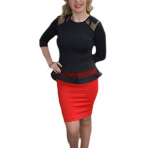 Rochie de ocazie tip costum cu peplum, culoare negru cu rosu - Img 1