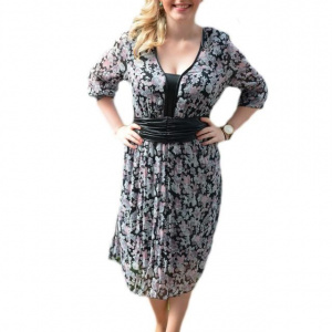 Rochie de primavara-vara, pentru dame cu masuri mari, gri-roz - Img 1
