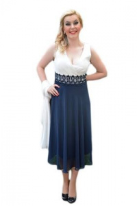 Rochie de seara, de lungime medie, bleumarin cu alb - Img 1
