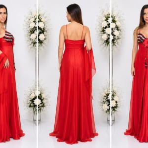 Rochie de seara, de nuanta rosie, din saten si voal, cu paiete - Img 3
