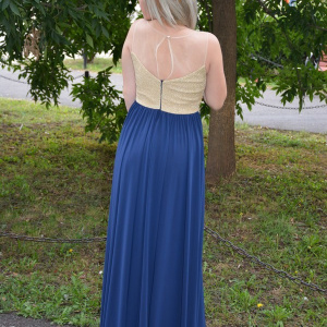 Rochie de seara lunga, aurie cu bleumarin, model superb - Img 5