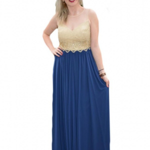 Rochie de seara lunga, aurie cu bleumarin, model superb - Img 1