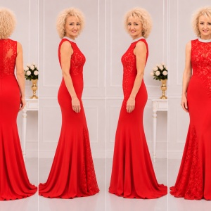Rochie de seara lunga, culoare rosie, cu insertii de dantela - Img 2