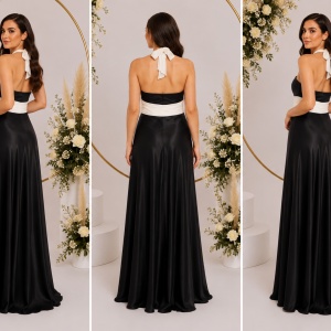 Rochie de seara lunga eleganta, combinatie de negru cu alb, din voal - Img 3