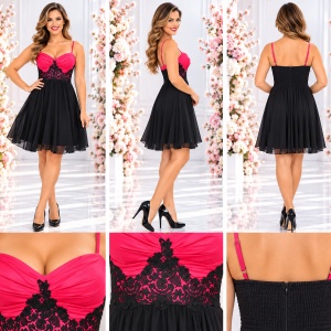 Rochie de seara scurta, cu partea superioara roz si insertii de broderie - Img 2
