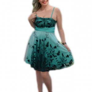 Rochie de seara scurta, turcoaz, cu insertii de broderie neagra - Img 1