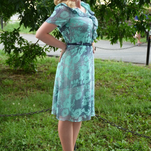 Rochie de vara bleumarin cu flori turcoaz si design de guler - Img 5