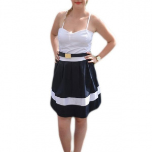 Rochie de vara cu aspect evazat, bleumarin-alb, cu bretele subtiri - Img 1