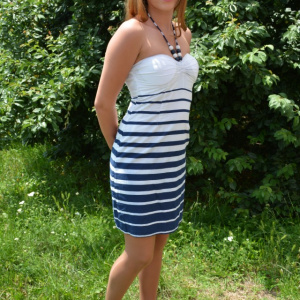 Rochie de vara, lejera, cu bretele subtiri, dungi alb-bleumarin - Img 4