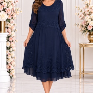 Rochie de vara Reagan cu insertii de dantela nuanta de albastru inchis