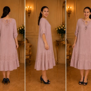 Rochie de vara Reagan cu insertii de dantela nuanta de pudra - Img 3