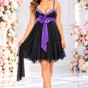 Rochie deosebita de seara, scurta si evazata, pe negru cu mov