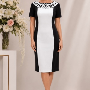 Rochie deosebita de vara, design cu aspect brodat, negru-alb