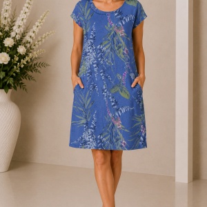 Rochie din In Albastru Denim cu Imprimeu Botanic
